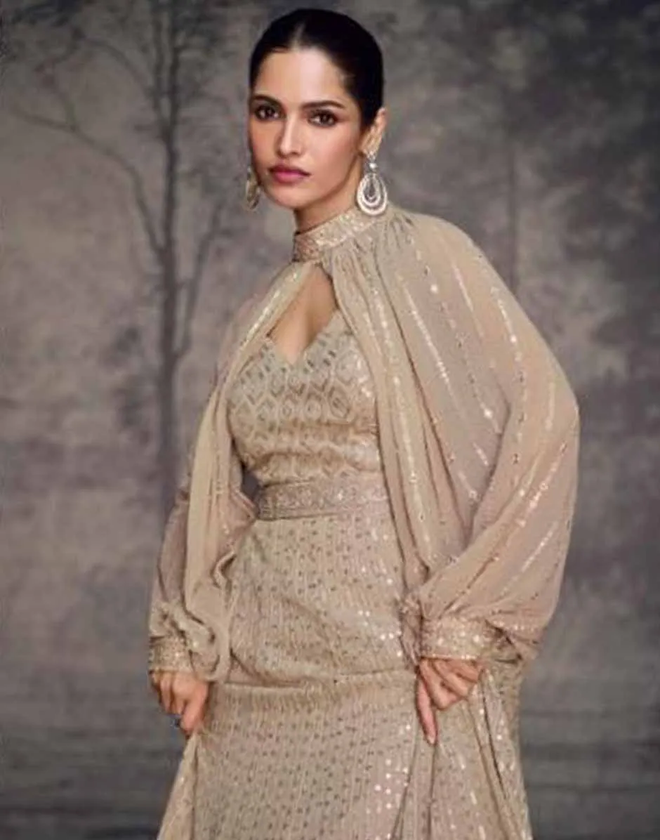 Beige Embroidered Sequins Georgette Gown
