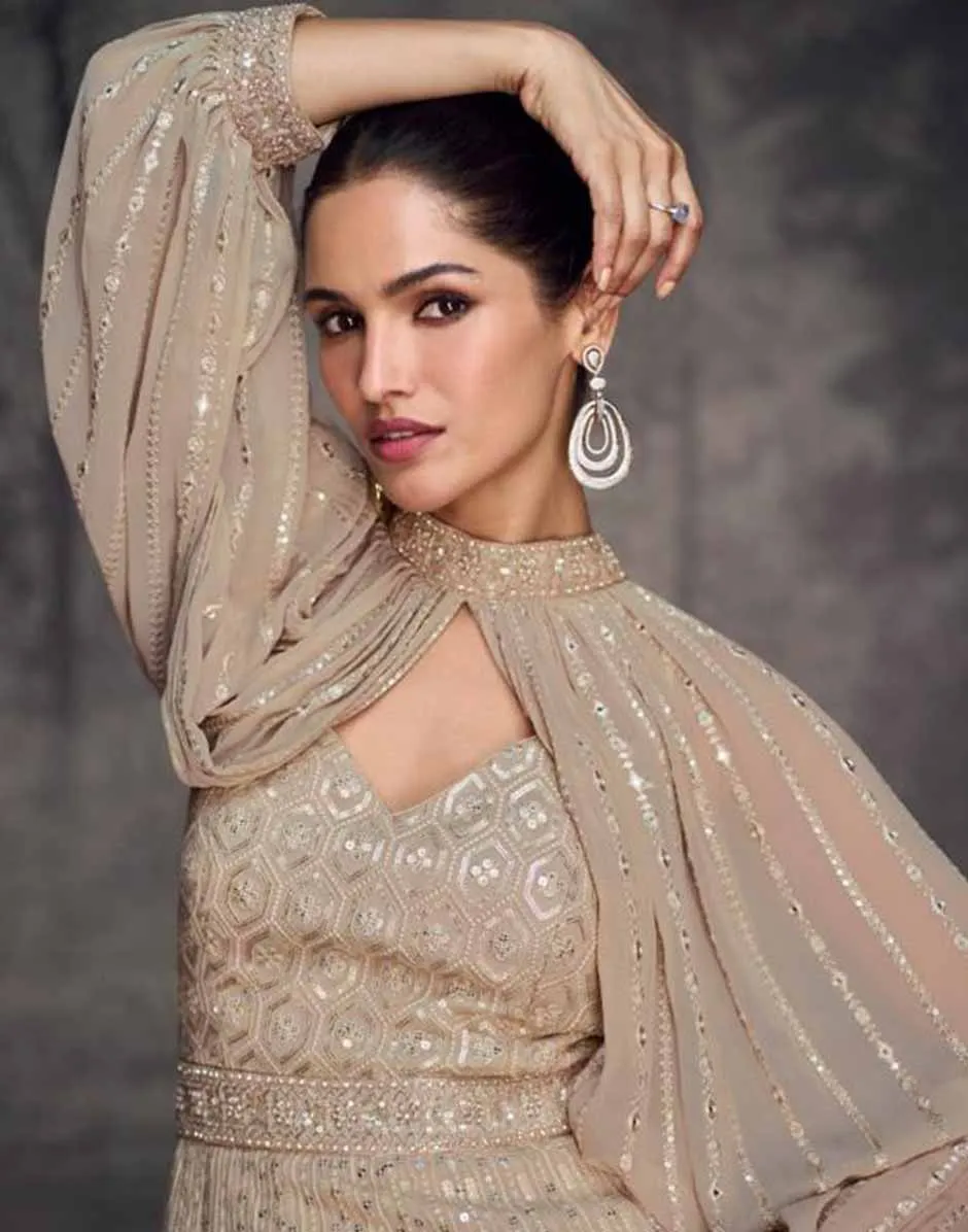 Beige Embroidered Sequins Georgette Gown