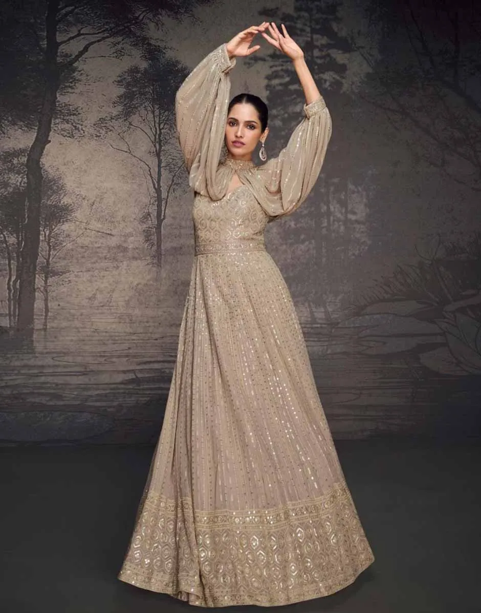 Beige Embroidered Sequins Georgette Gown