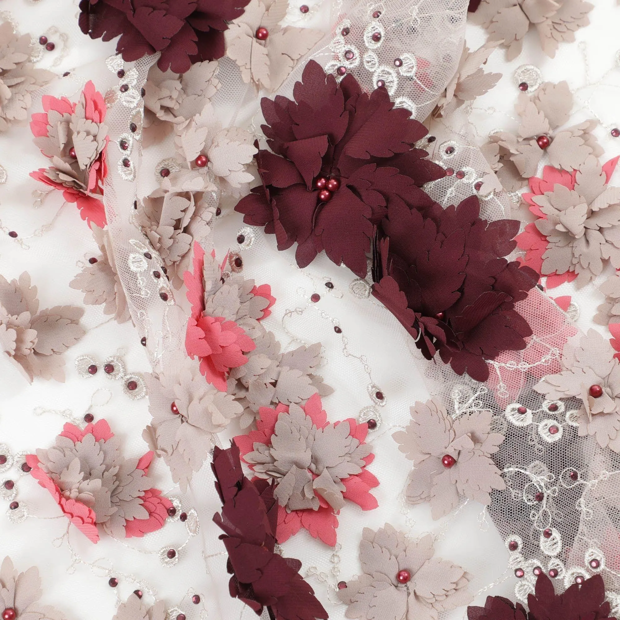 Beige nylon tulle fabric with same tone embroidery,  mocha brown, taffy pink, nude floral petals having pearls and stone work in floral design