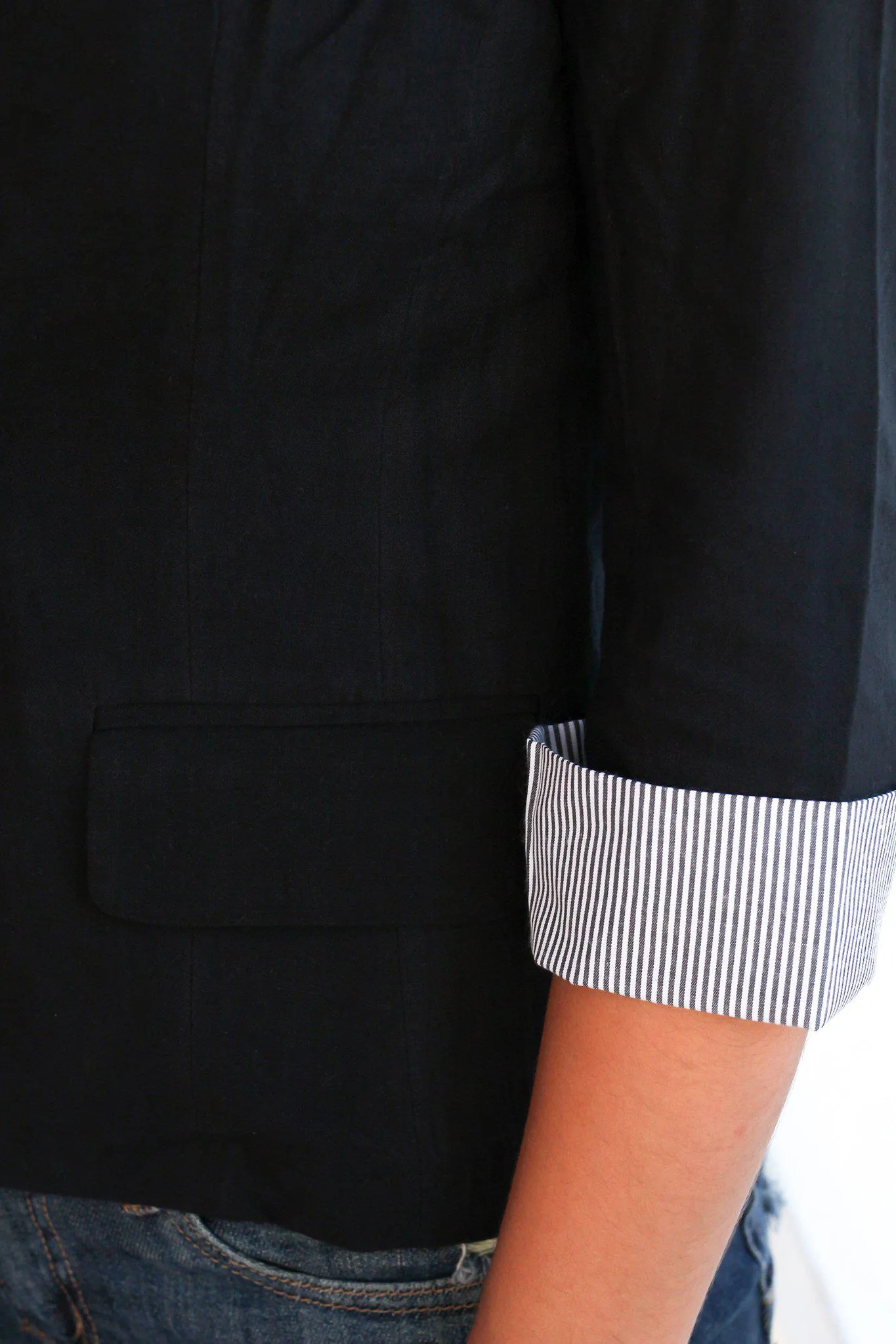 Black Blazer with 3/4 Pinstripe Cuff