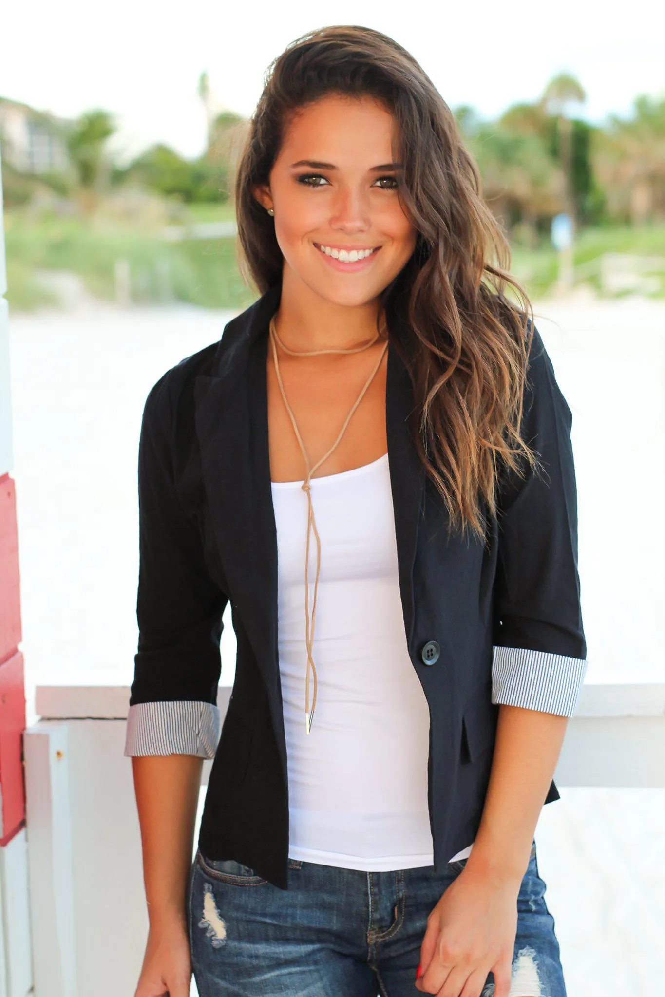Black Blazer with 3/4 Pinstripe Cuff