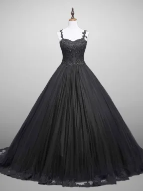Black Gothic Lace Floral Embroidered  Wedding Dress With Spaghetti Straps Plus Size