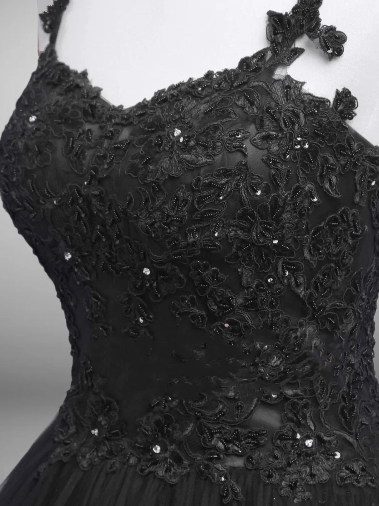 Black Gothic Lace Floral Embroidered  Wedding Dress With Spaghetti Straps Plus Size