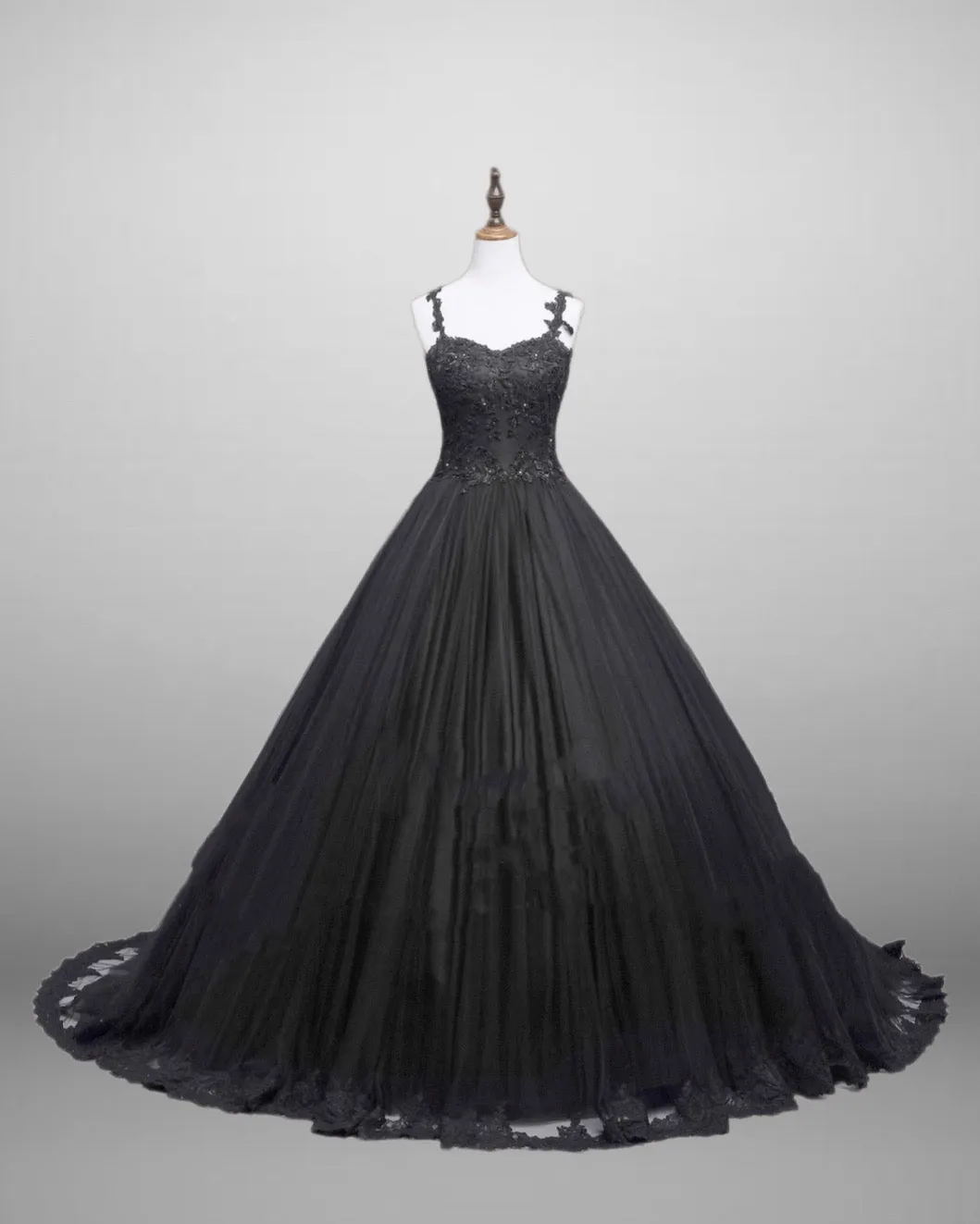 Black Gothic Lace Floral Embroidered  Wedding Dress With Spaghetti Straps Plus Size