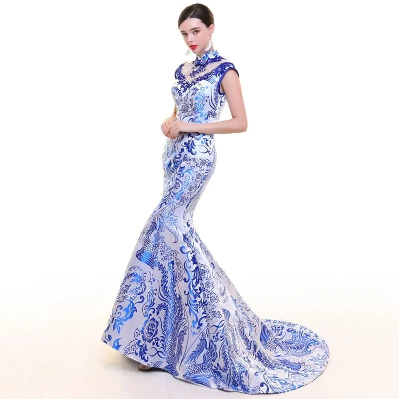 Blue And White Cheongsam Halter Modern Qipao Oriental Evening Vintage Wedding Dress