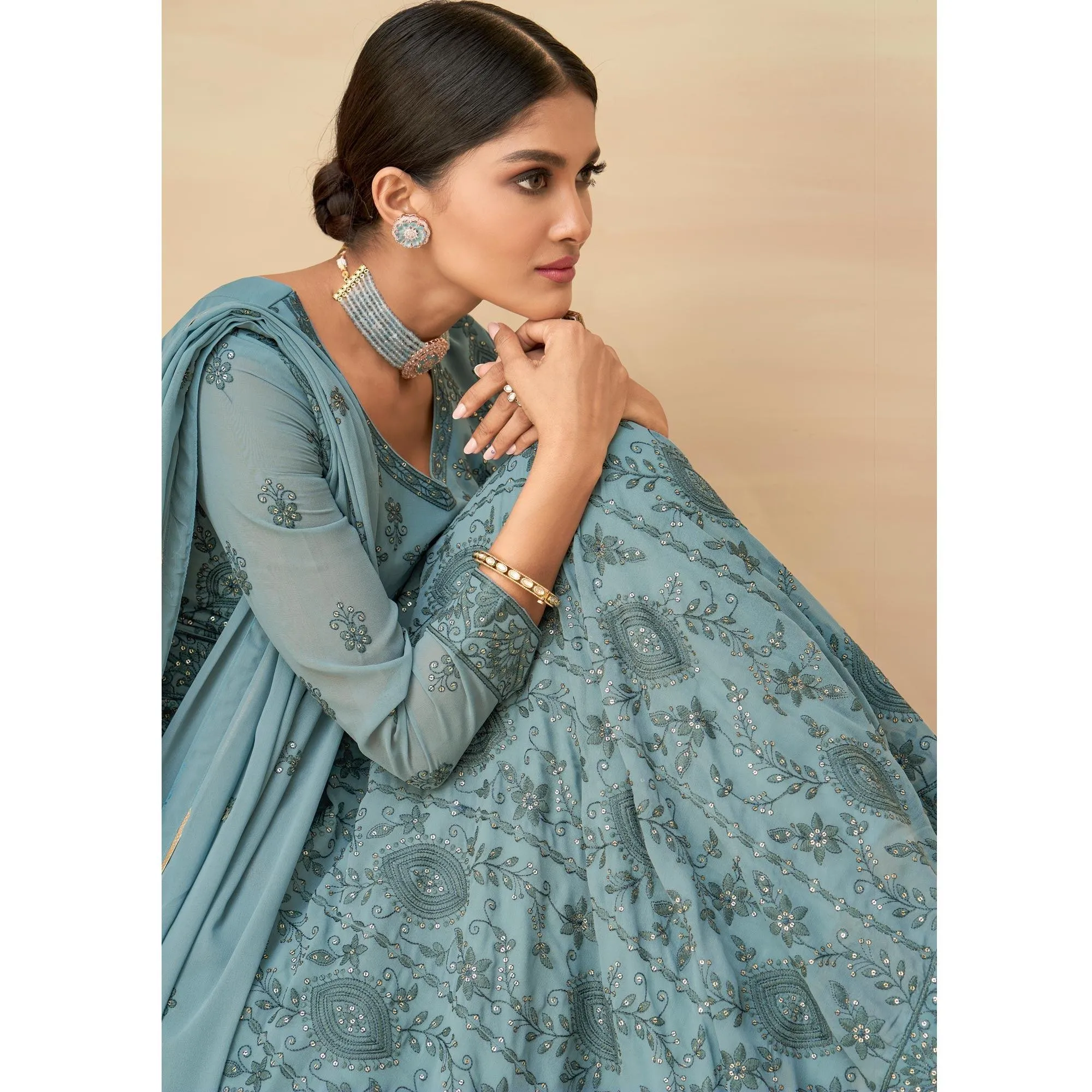 Blue Embroidery With Embellished Work Georgette Partywear Gown