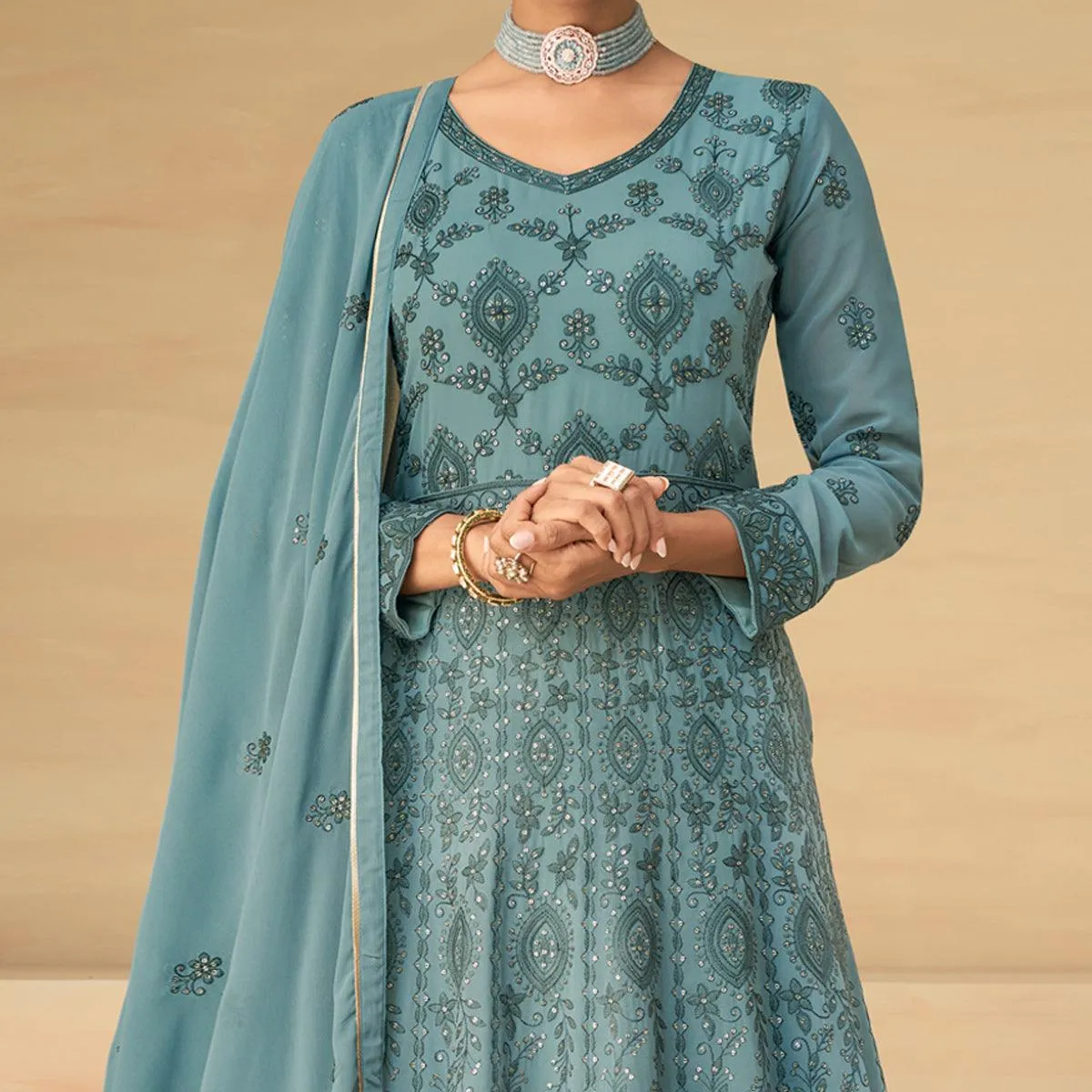 Blue Embroidery With Embellished Work Georgette Partywear Gown