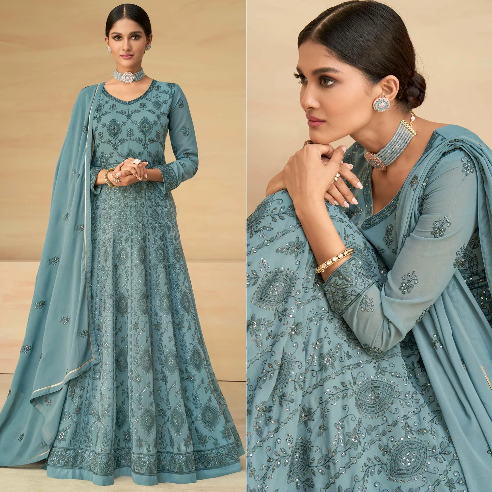 Blue Embroidery With Embellished Work Georgette Partywear Gown