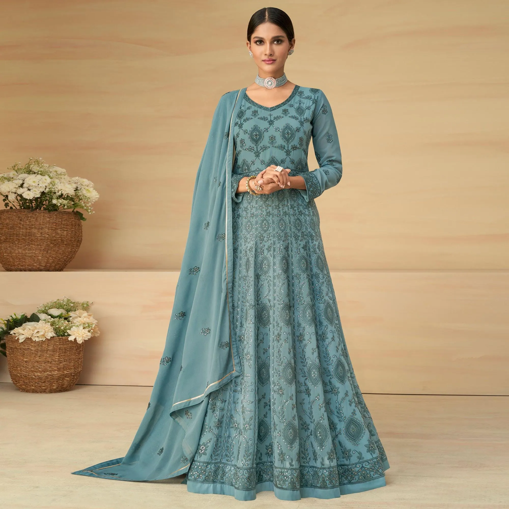 Blue Embroidery With Embellished Work Georgette Partywear Gown
