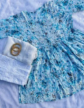 Blue Floral Print Mul Mul Short Gown, Dupatta, and Pant Full Combo Set.