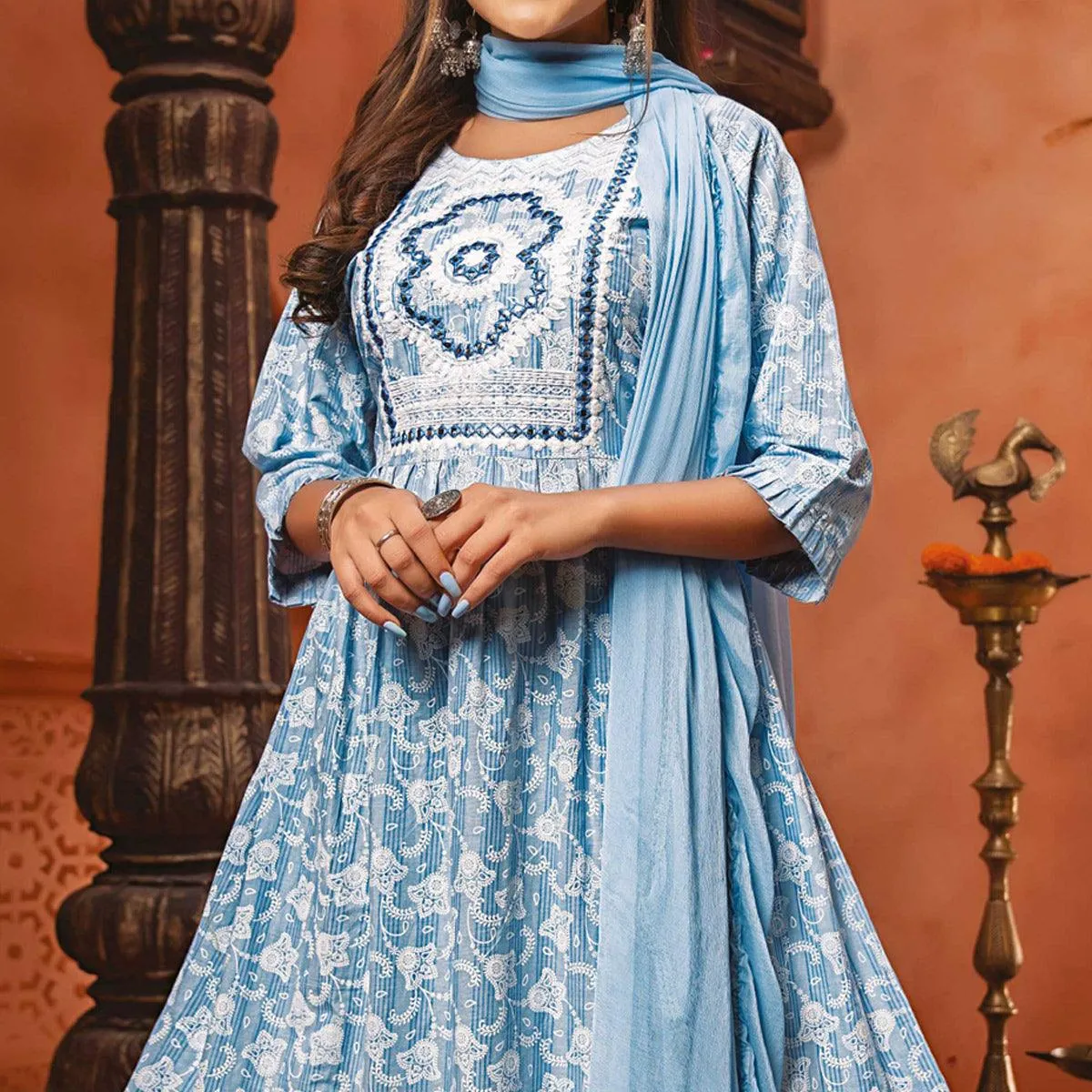 Blue Printed-Embroidered Cotton Blend Gown With Dupatta