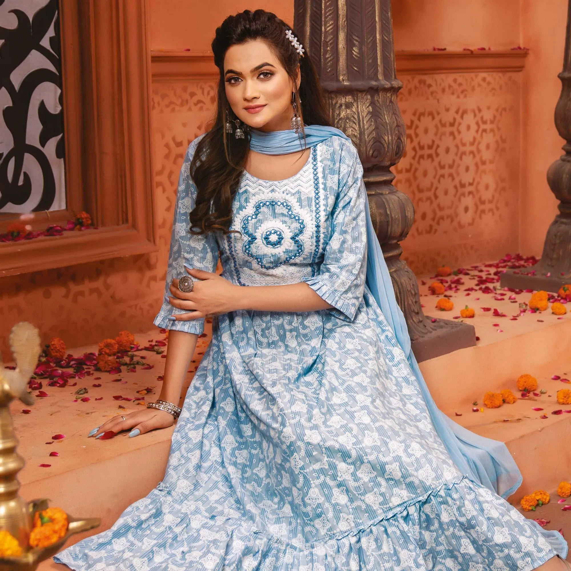 Blue Printed-Embroidered Cotton Blend Gown With Dupatta