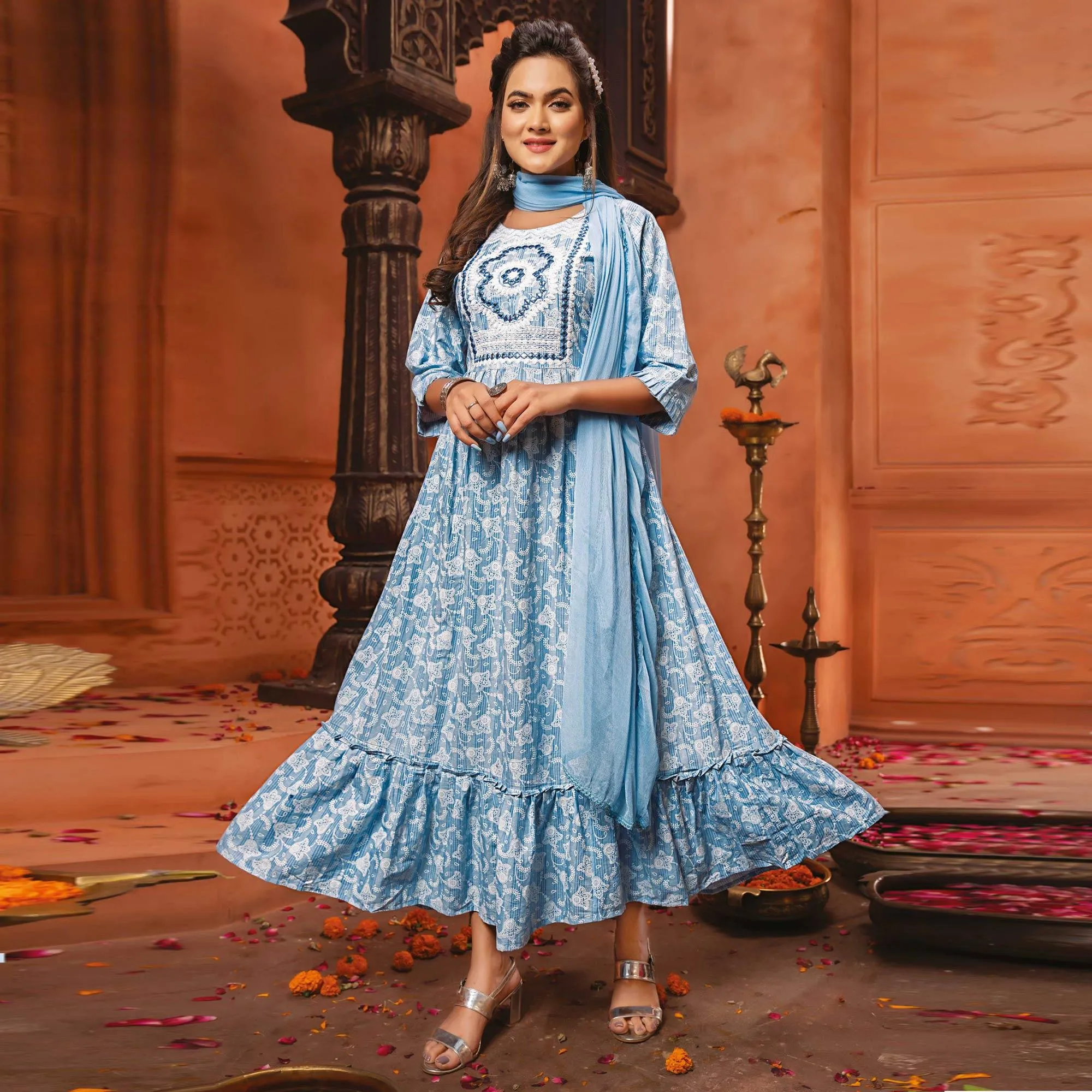 Blue Printed-Embroidered Cotton Blend Gown With Dupatta