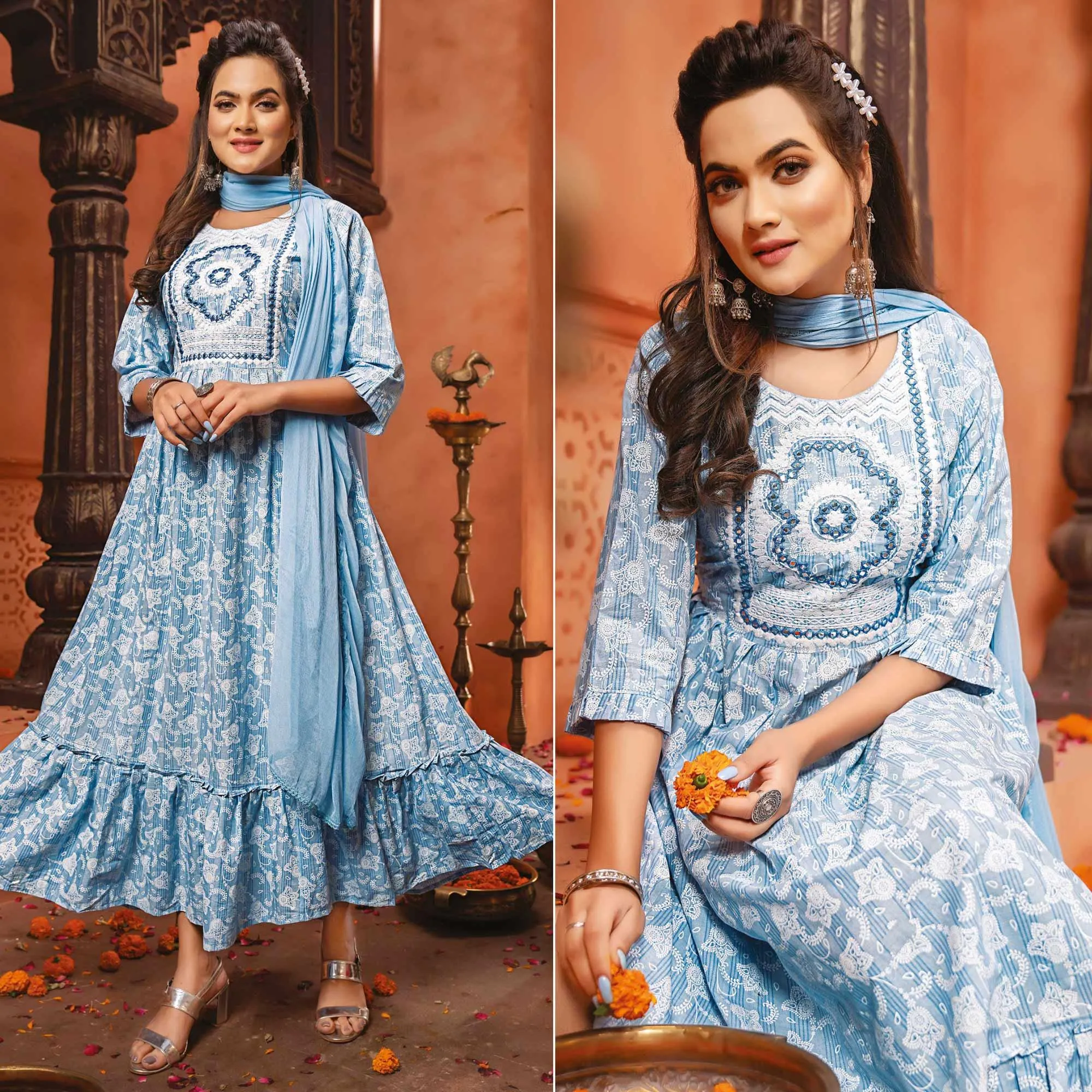 Blue Printed-Embroidered Cotton Blend Gown With Dupatta