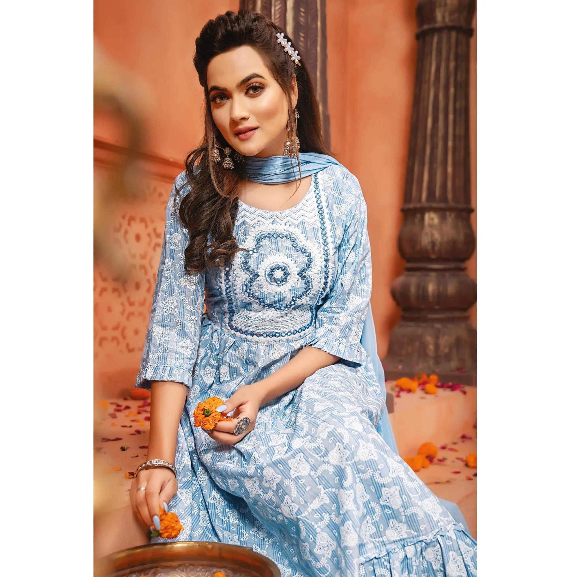 Blue Printed-Embroidered Cotton Blend Gown With Dupatta