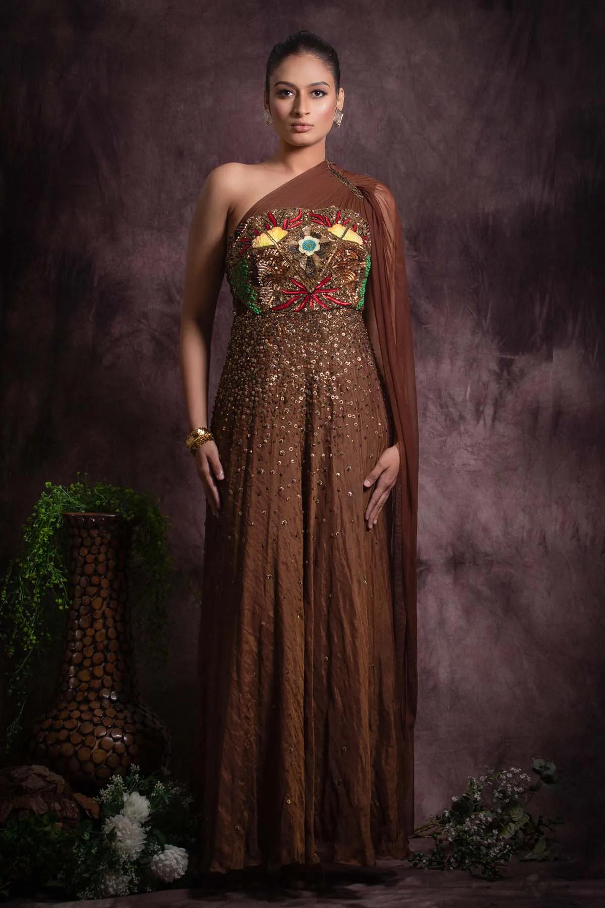 Brown One Shoulder Gown