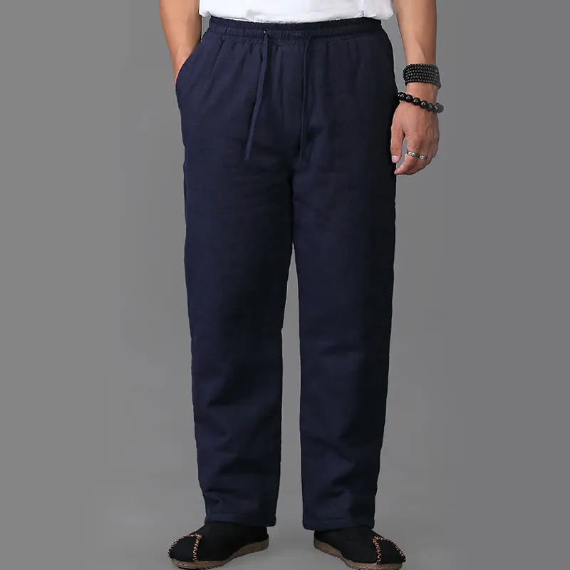 Buddha Stones Winter Men's Fleece Lined Drawstring Linen Pants With Pockets