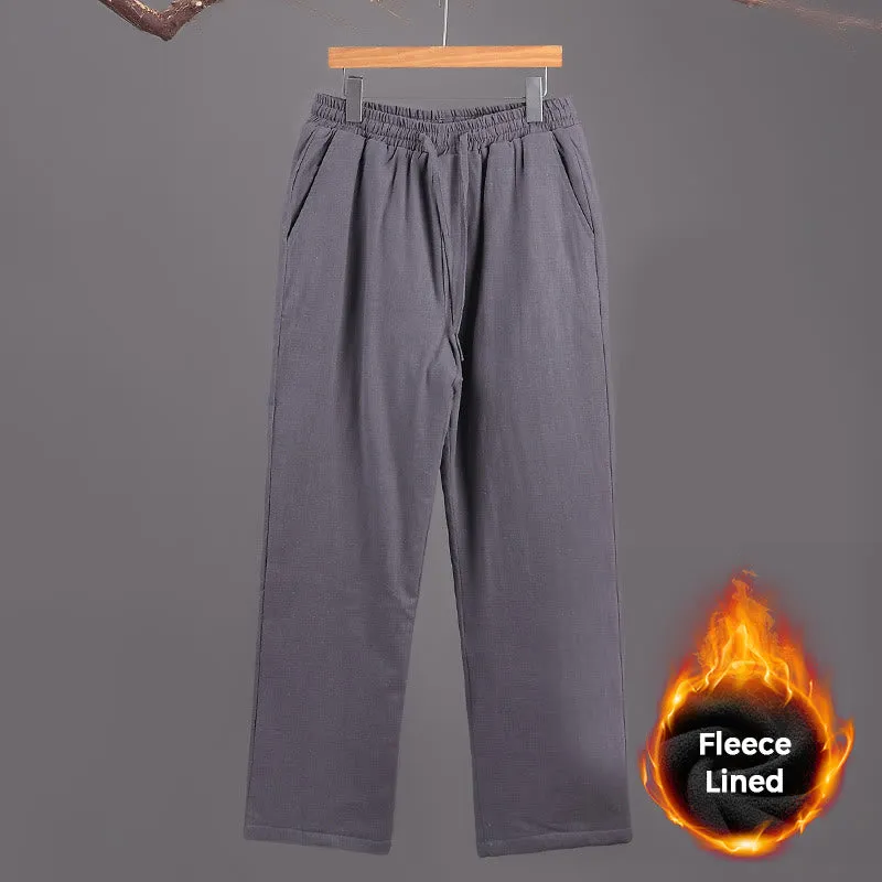 Buddha Stones Winter Men's Fleece Lined Drawstring Linen Pants With Pockets
