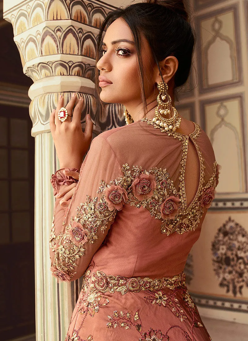 Burnt Red Embroidered Designer Anarkali Gown