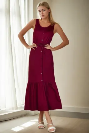 Button Front Tie Waist Sleeveless Maxi Dress