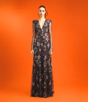 CELESTIAL EMBROIDERED V-NECK GOWN