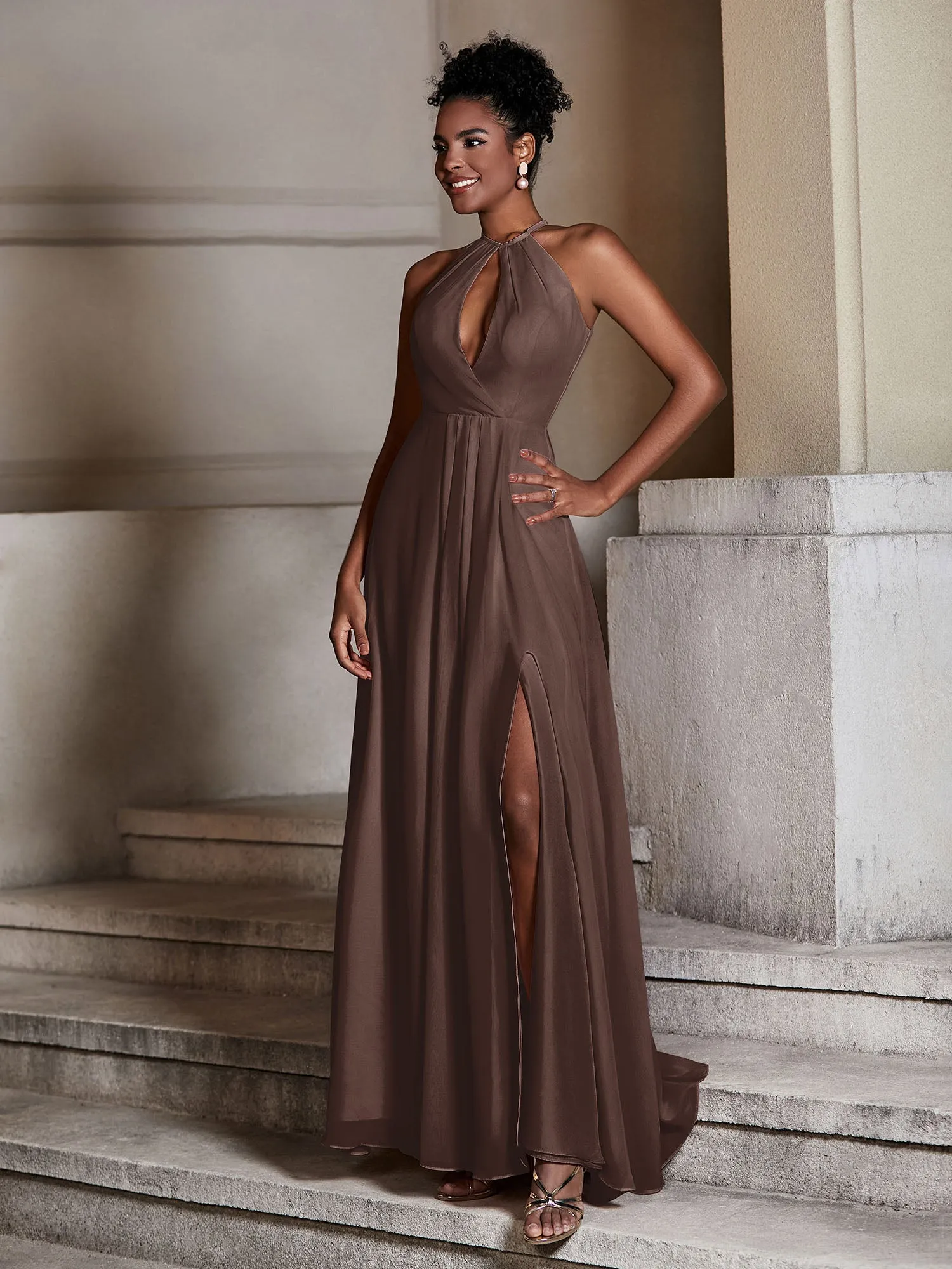 Chiffon Long Halter Dresses with Slit-Chocolate Plus Size