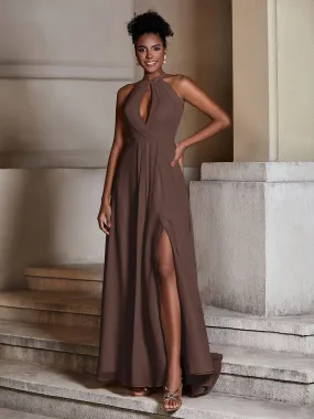 Chiffon Long Halter Dresses with Slit-Chocolate Plus Size