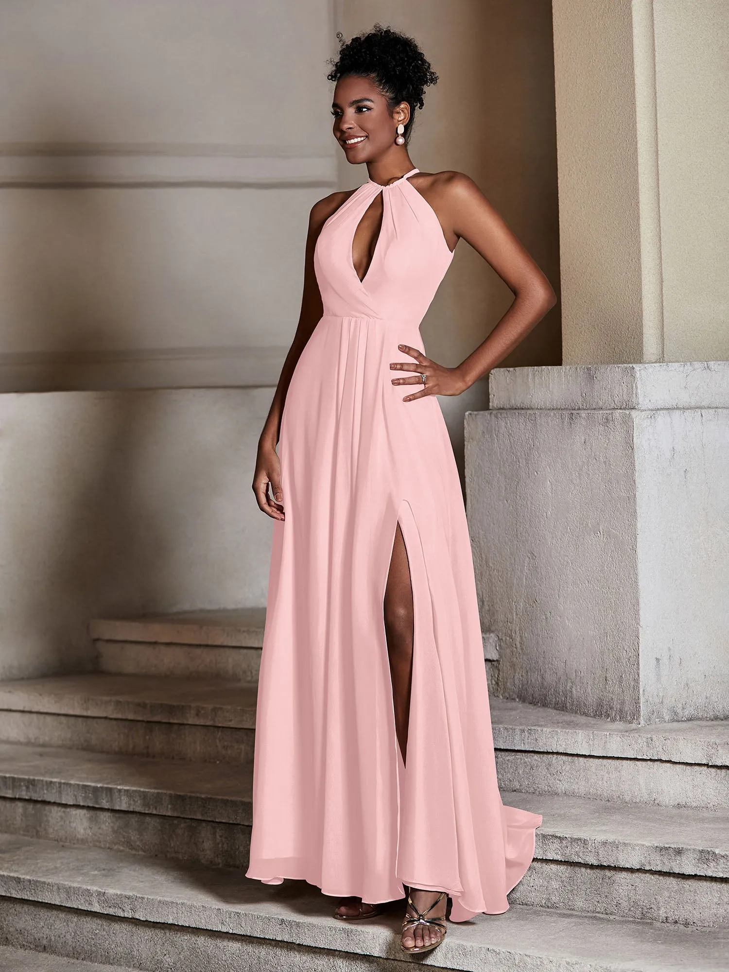 Chiffon Long Halter Dresses with Slit-Dusty Rose