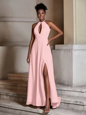 Chiffon Long Halter Dresses with Slit-Dusty Rose