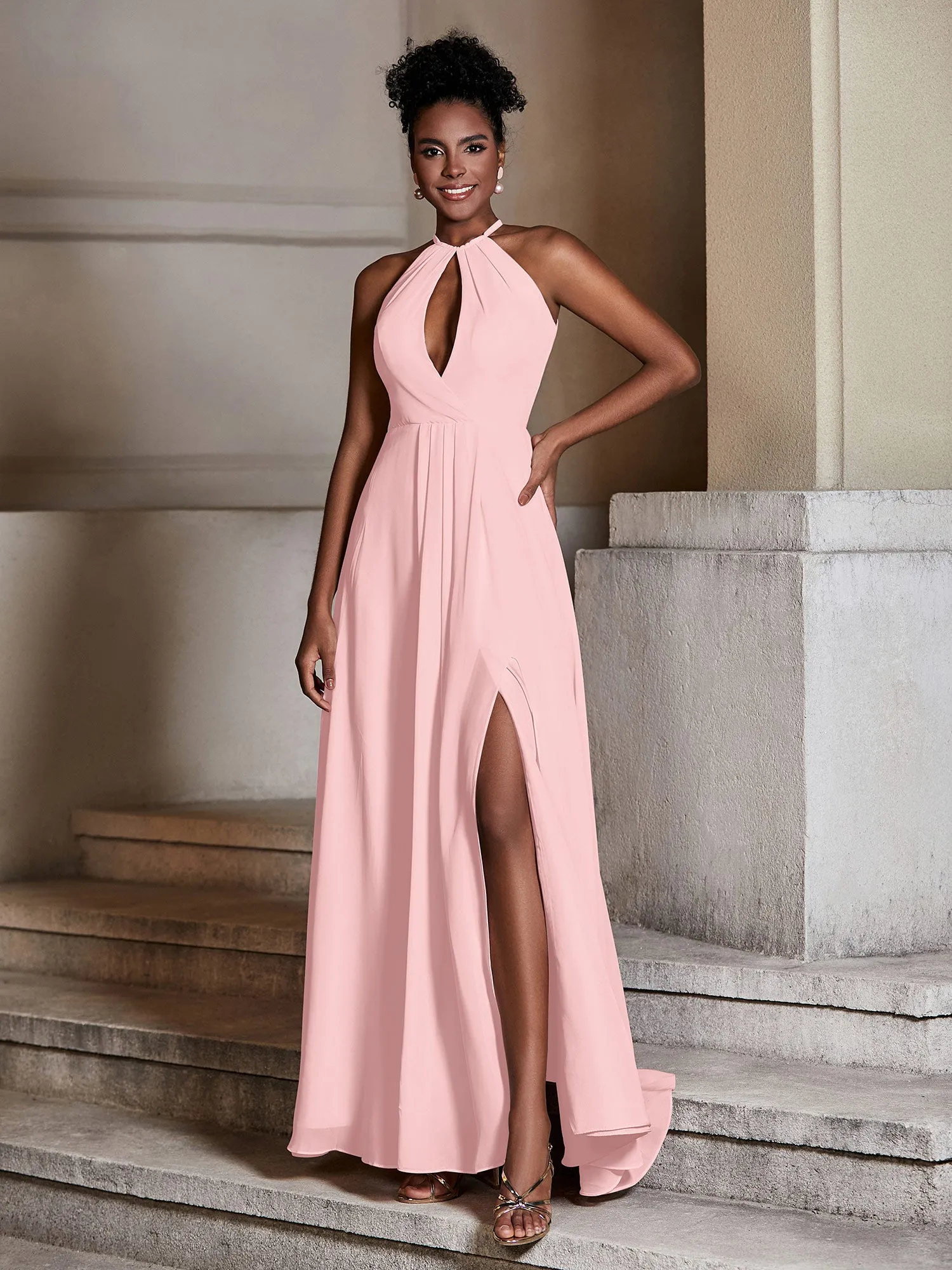 Chiffon Long Halter Dresses with Slit-Dusty Rose