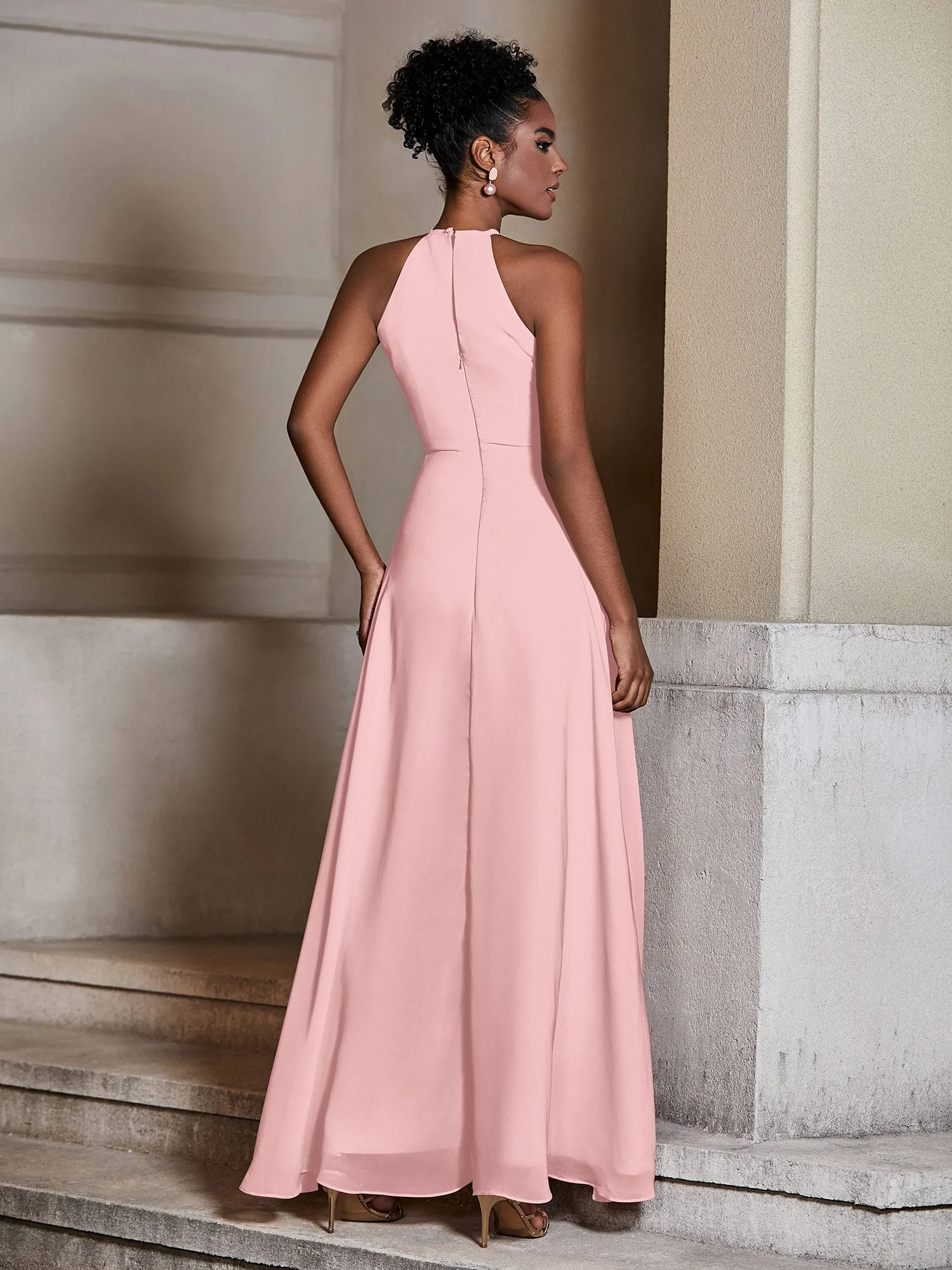 Chiffon Long Halter Dresses with Slit-Dusty Rose