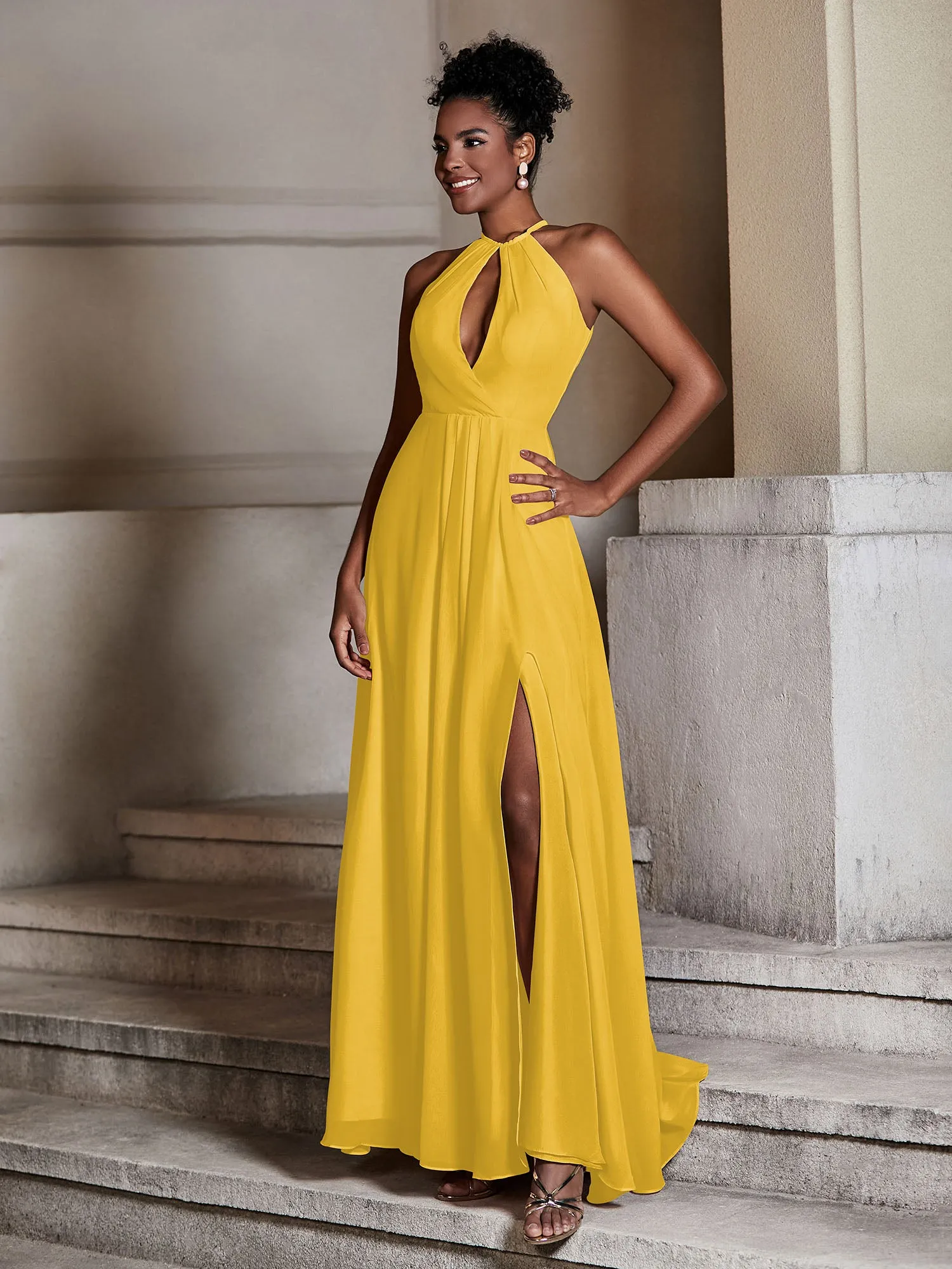 Chiffon Long Halter Dresses with Slit-Marigold