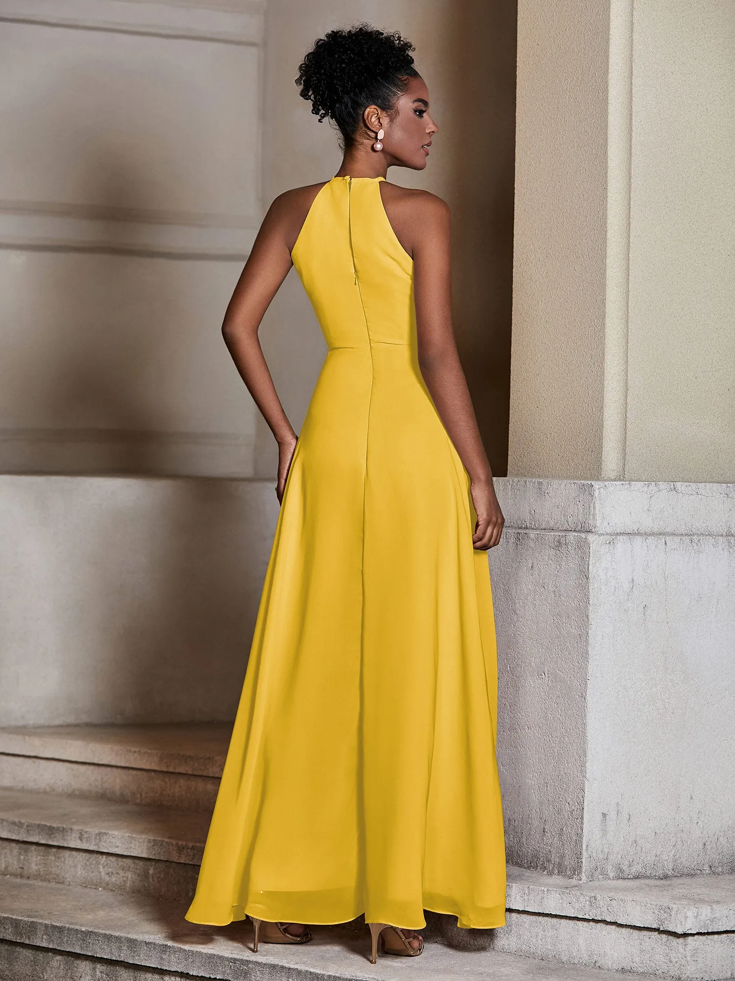 Chiffon Long Halter Dresses with Slit-Marigold