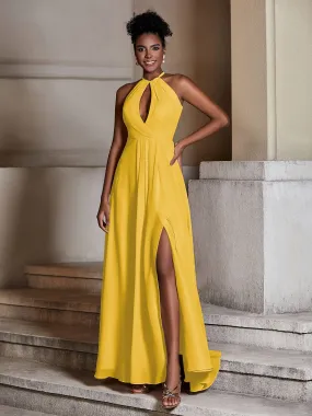 Chiffon Long Halter Dresses with Slit-Marigold