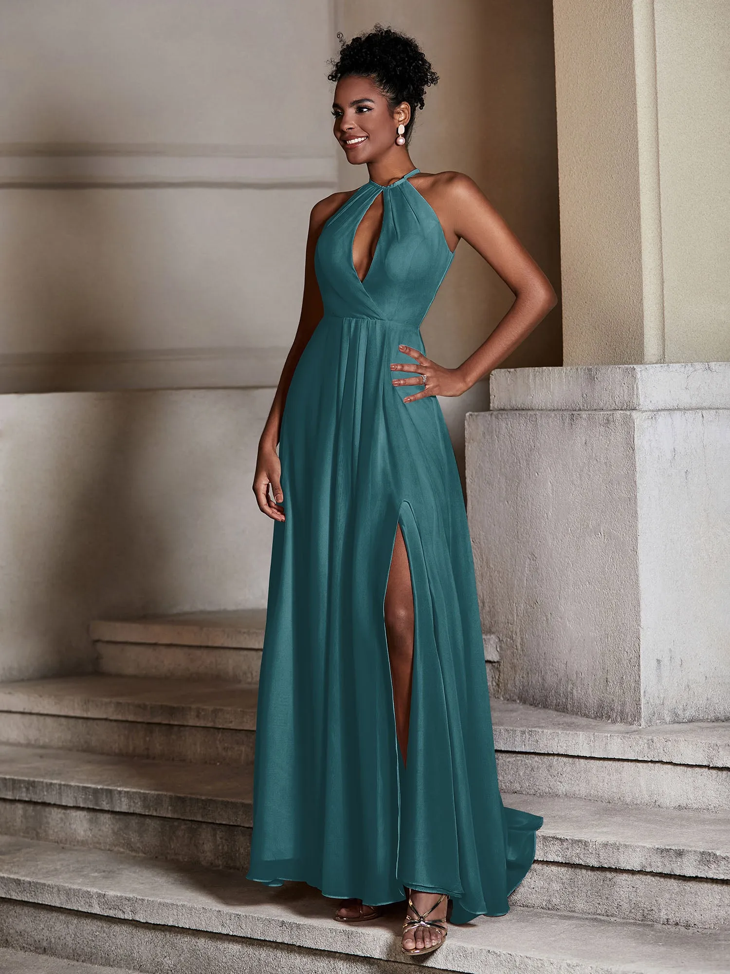 Chiffon Long Halter Dresses with Slit-Peacock