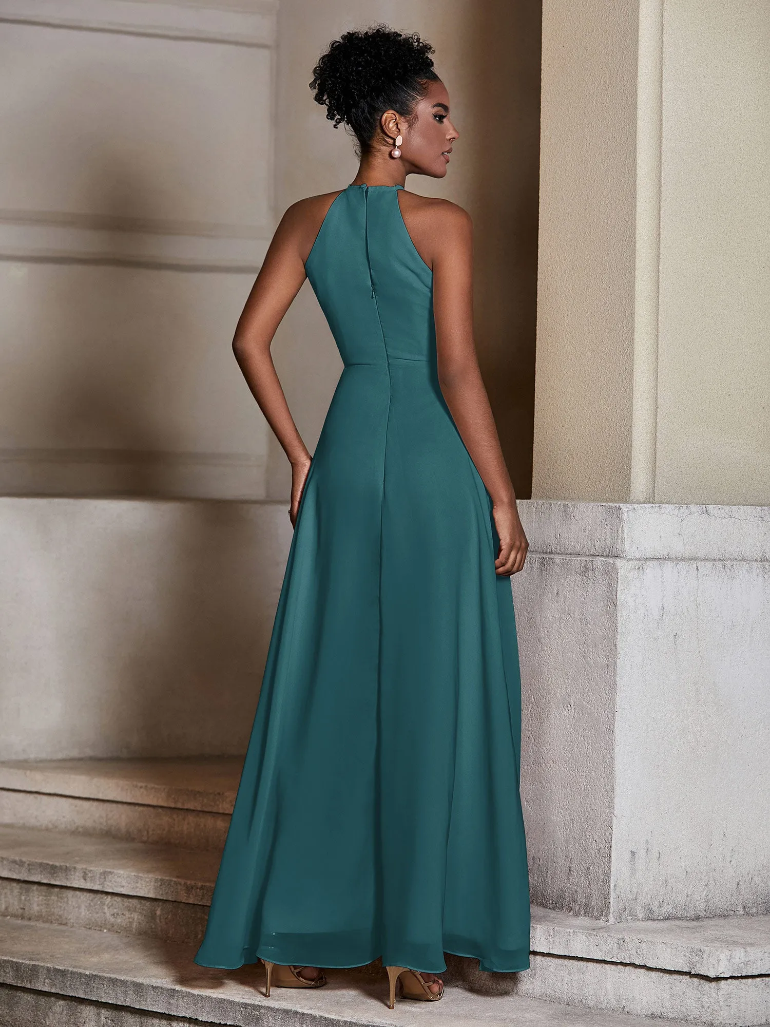 Chiffon Long Halter Dresses with Slit-Peacock
