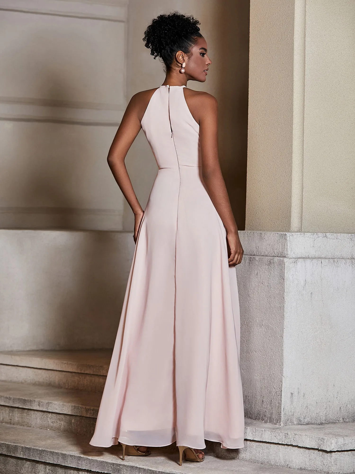 Chiffon Long Halter Dresses with Slit-Pearl Pink Plus Size