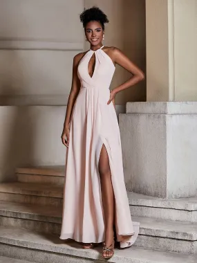 Chiffon Long Halter Dresses with Slit-Pearl Pink Plus Size