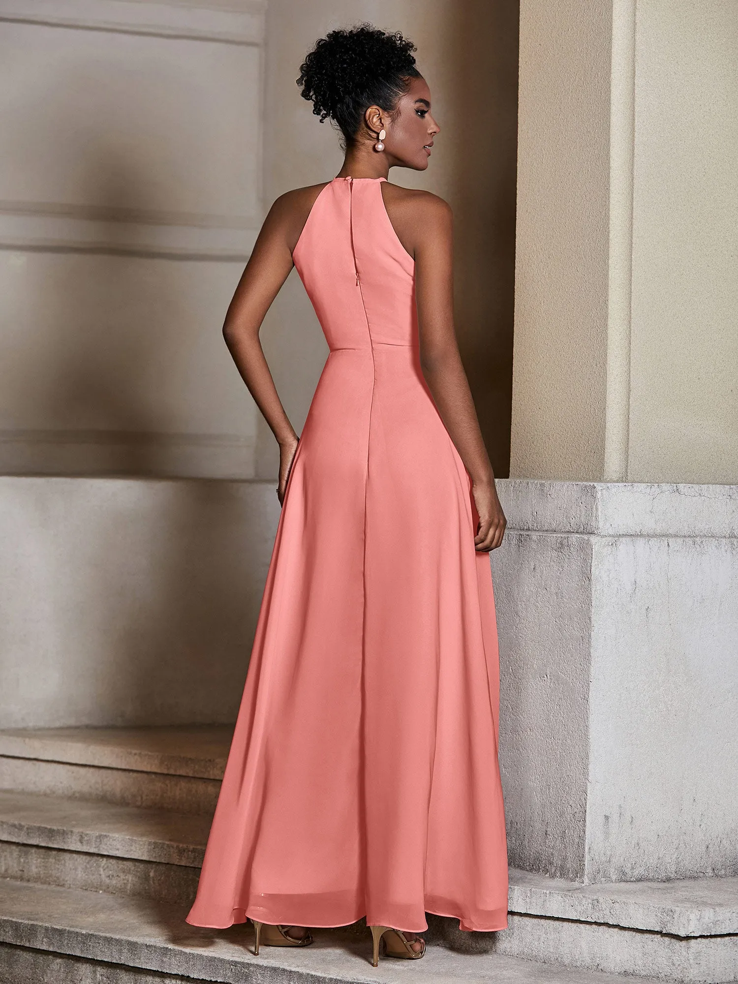 Chiffon Long Halter Dresses with Slit-Sunset
