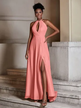 Chiffon Long Halter Dresses with Slit-Sunset
