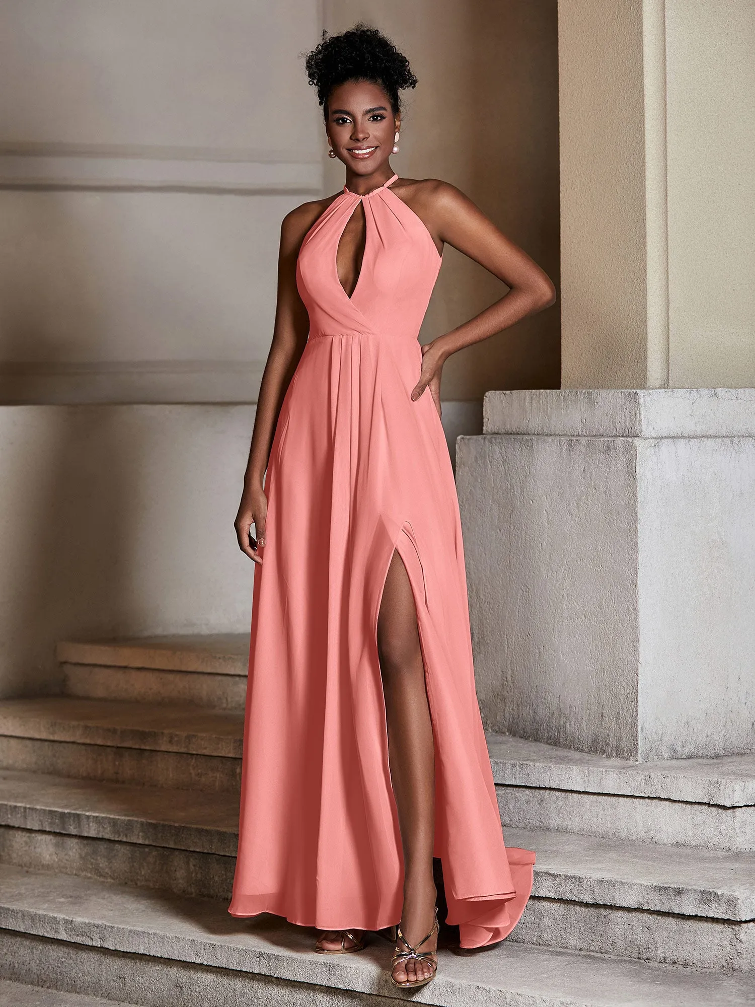 Chiffon Long Halter Dresses with Slit-Sunset