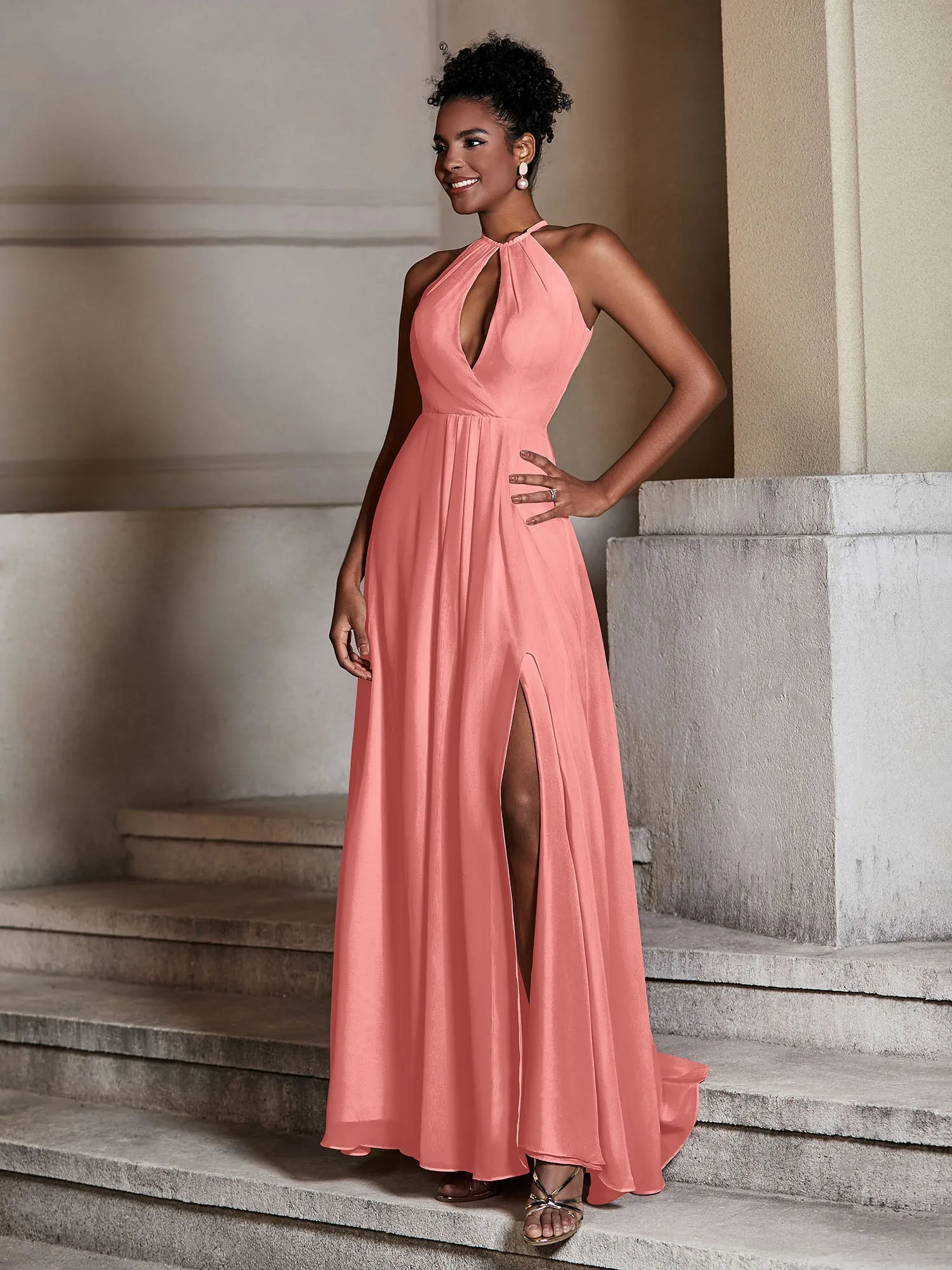 Chiffon Long Halter Dresses with Slit-Sunset