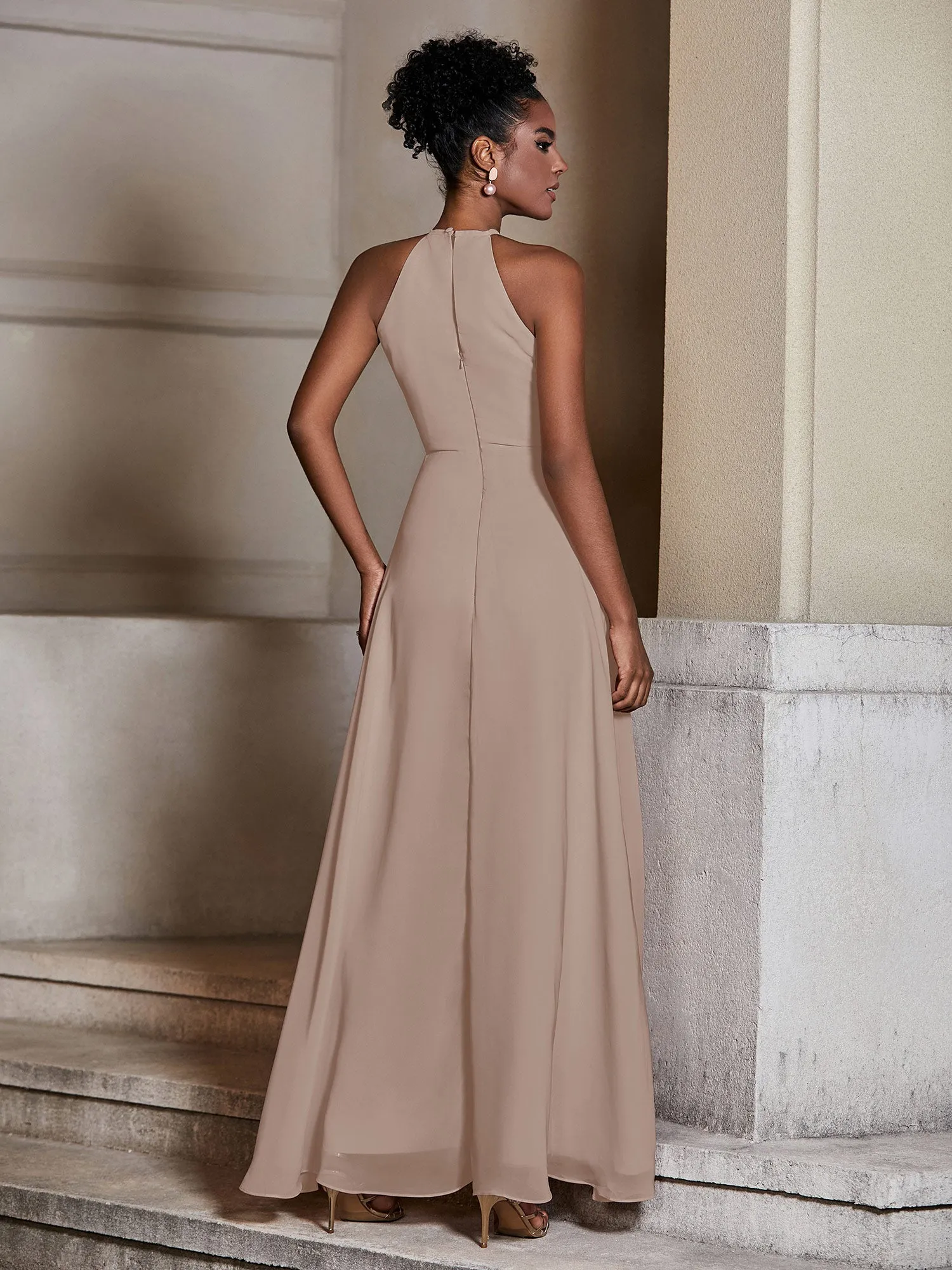 Chiffon Long Halter Dresses with Slit-Taupe Plus Size