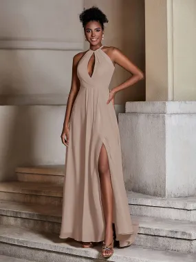 Chiffon Long Halter Dresses with Slit-Taupe Plus Size