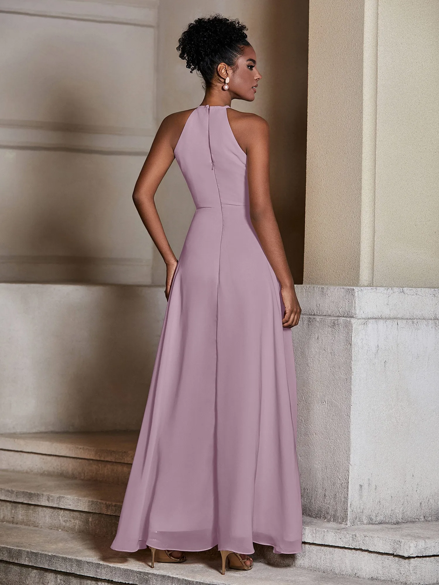 Chiffon Long Halter Dresses with Slit-Vintage Mauve