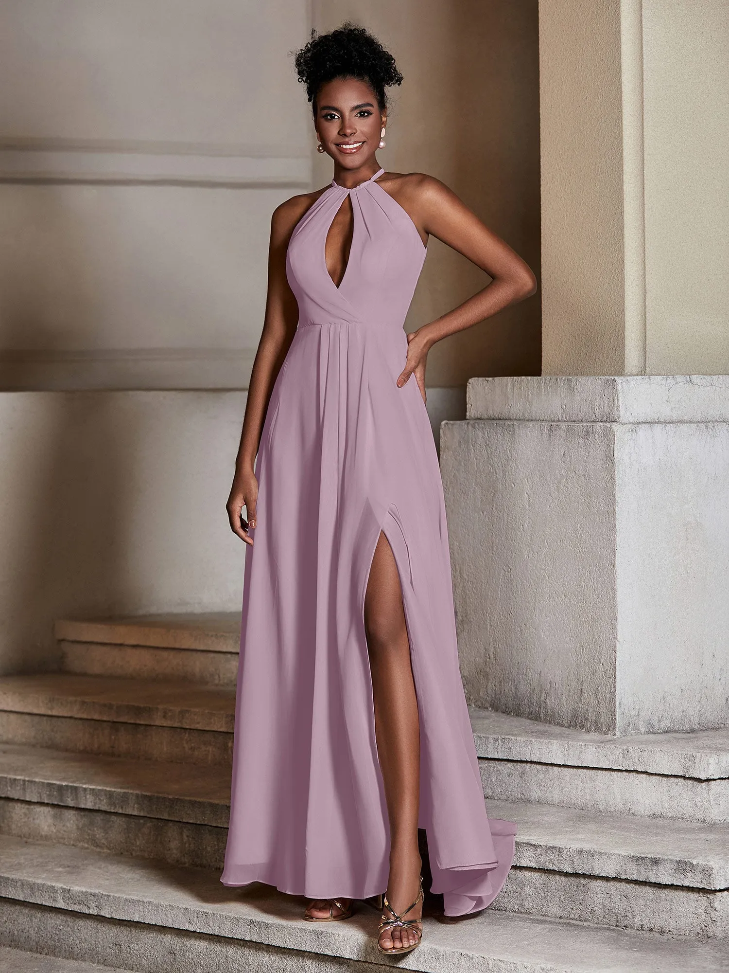 Chiffon Long Halter Dresses with Slit-Vintage Mauve