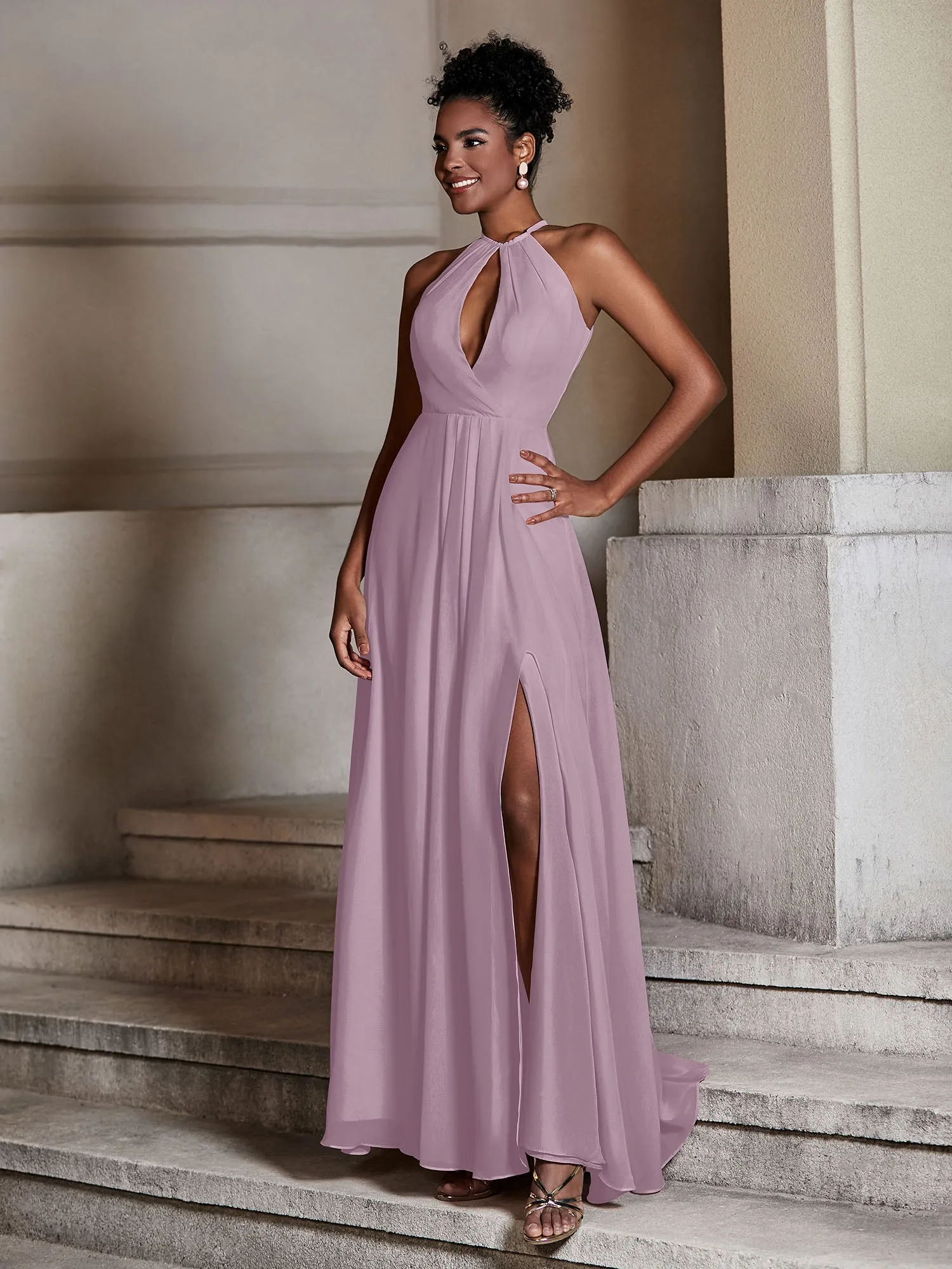 Chiffon Long Halter Dresses with Slit-Vintage Mauve