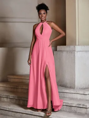 Chiffon Long Halter Dresses with Slit-Watermelon