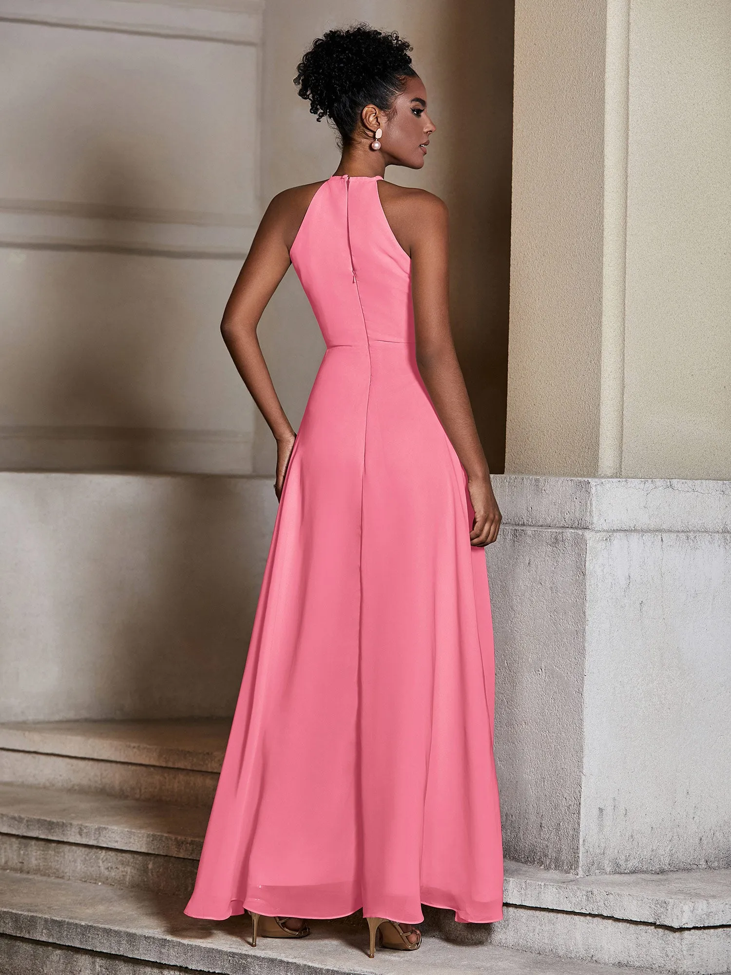 Chiffon Long Halter Dresses with Slit-Watermelon